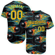 Загрузить изображение в средство просмотра галереи, Custom Black Gold-Lakes Blue 3D Pattern Design Bowling Ball With Hotrod Flame Authentic Baseball Jersey
