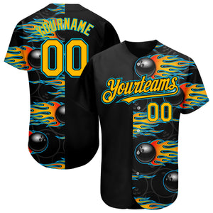 Custom Black Gold-Lakes Blue 3D Pattern Design Bowling Ball With Hotrod Flame Authentic Baseball Jersey Ball