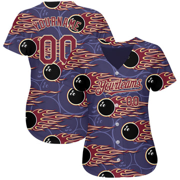 Custom Purple Crimson-City Cream 3D Pattern Design Bowling Ball With Hotrod Flame Authentic Baseball Jersey