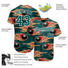 Load image into Gallery viewer, Custom Midnight Green White 3D Pattern Design Bowling Ball With Hotrod Flame Authentic Baseball Jersey
