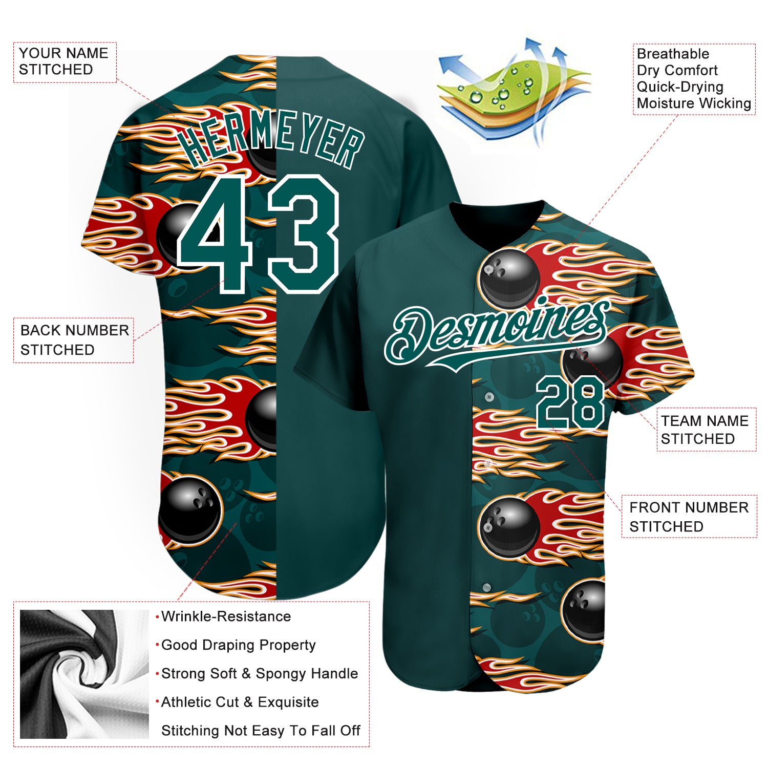 Cheap Custom Midnight Green White 3D Pattern Design Bowling Ball With  Hotrod Flame Authentic Baseball Jersey Free Shipping – CustomJerseysPro