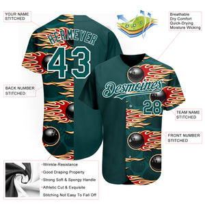 Custom Midnight Green White 3D Pattern Design Bowling Ball With Hotrod Flame Authentic Baseball Jersey