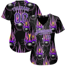 Load image into Gallery viewer, Custom Black Purple-White 3D Pattern Design Bowling Ball With Hotrod Flame Authentic Baseball Jersey
