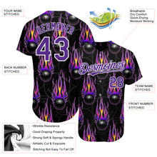 Load image into Gallery viewer, Custom Black Purple-White 3D Pattern Design Bowling Ball With Hotrod Flame Authentic Baseball Jersey
