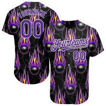 Load image into Gallery viewer, Custom Black Purple-White 3D Pattern Design Bowling Ball With Hotrod Flame Authentic Baseball Jersey
