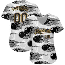 Load image into Gallery viewer, Custom White Black-Old Gold 3D Pattern Design Bowling Ball With Hotrod Flame Authentic Baseball Jersey
