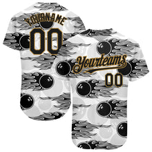 Load image into Gallery viewer, Custom White Black-Old Gold 3D Pattern Design Bowling Ball With Hotrod Flame Authentic Baseball Jersey
