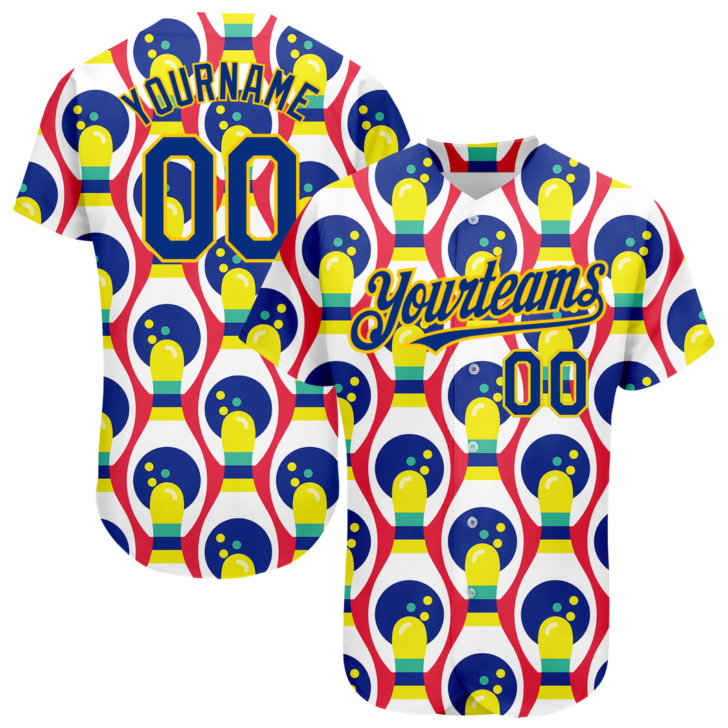 Custom White Royal-Yellow 3D Pattern Design Bowling Authentic Baseball Jersey