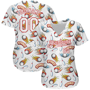 Custom White Red 3D Pattern Design Firely Bowling Authentic Baseball Jersey