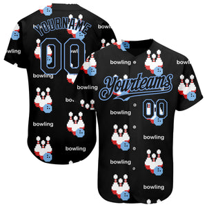 Custom Black Light Blue 3D Pattern Design Bowling Authentic Baseball Jersey