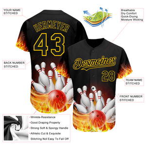 Custom Black Gold 3D Pattern Design Flame Bowling Authentic Baseball Jersey