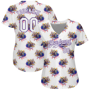 Custom White Purple 3D Pattern Design Growling Lion Among The Bowling Authentic Baseball Jersey