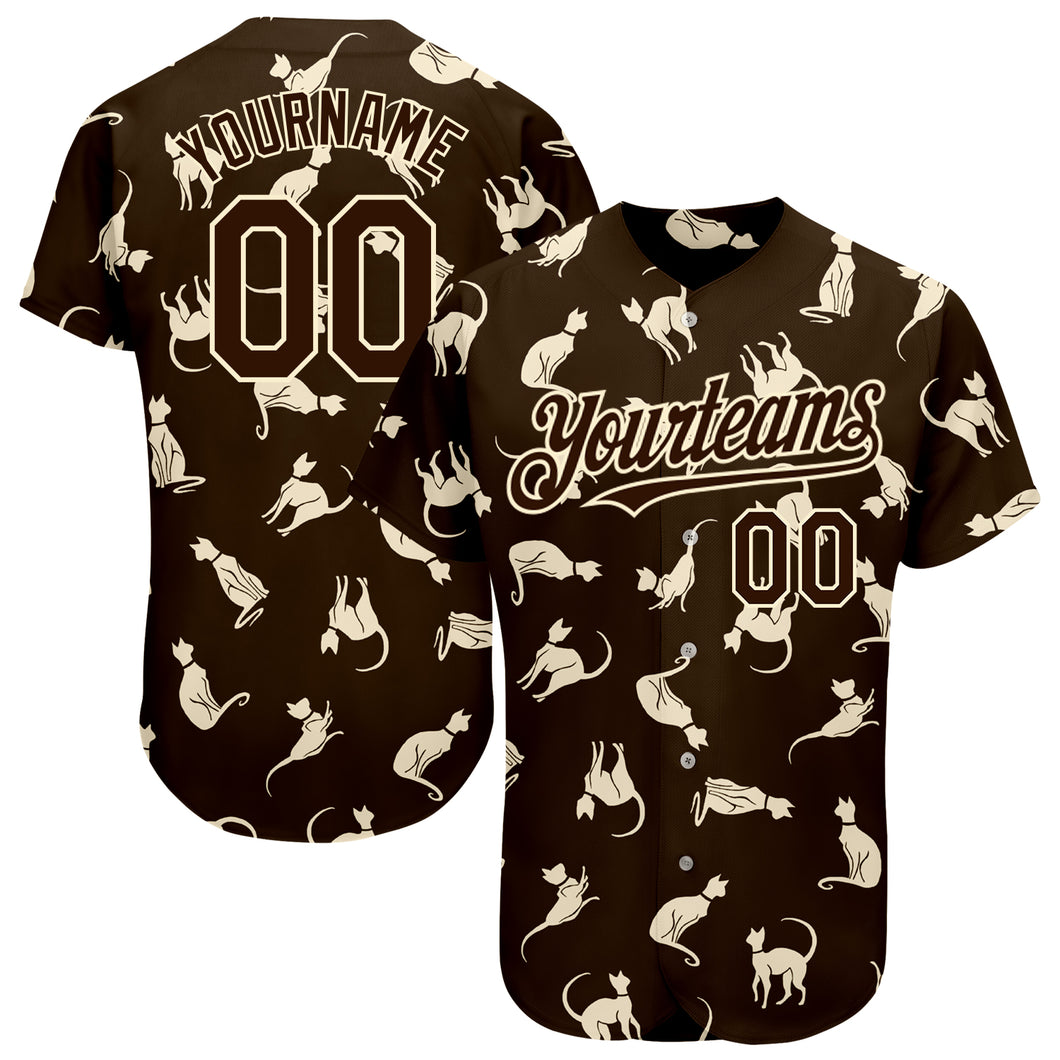 Custom Brown Cream 3D Pattern Design Cat Authentic Baseball Jersey