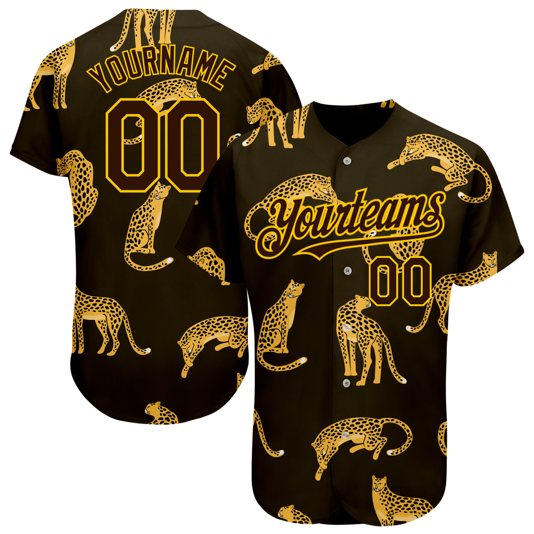 Custom Brown Yellow 3D Pattern Design Leopard Authentic Baseball Jersey