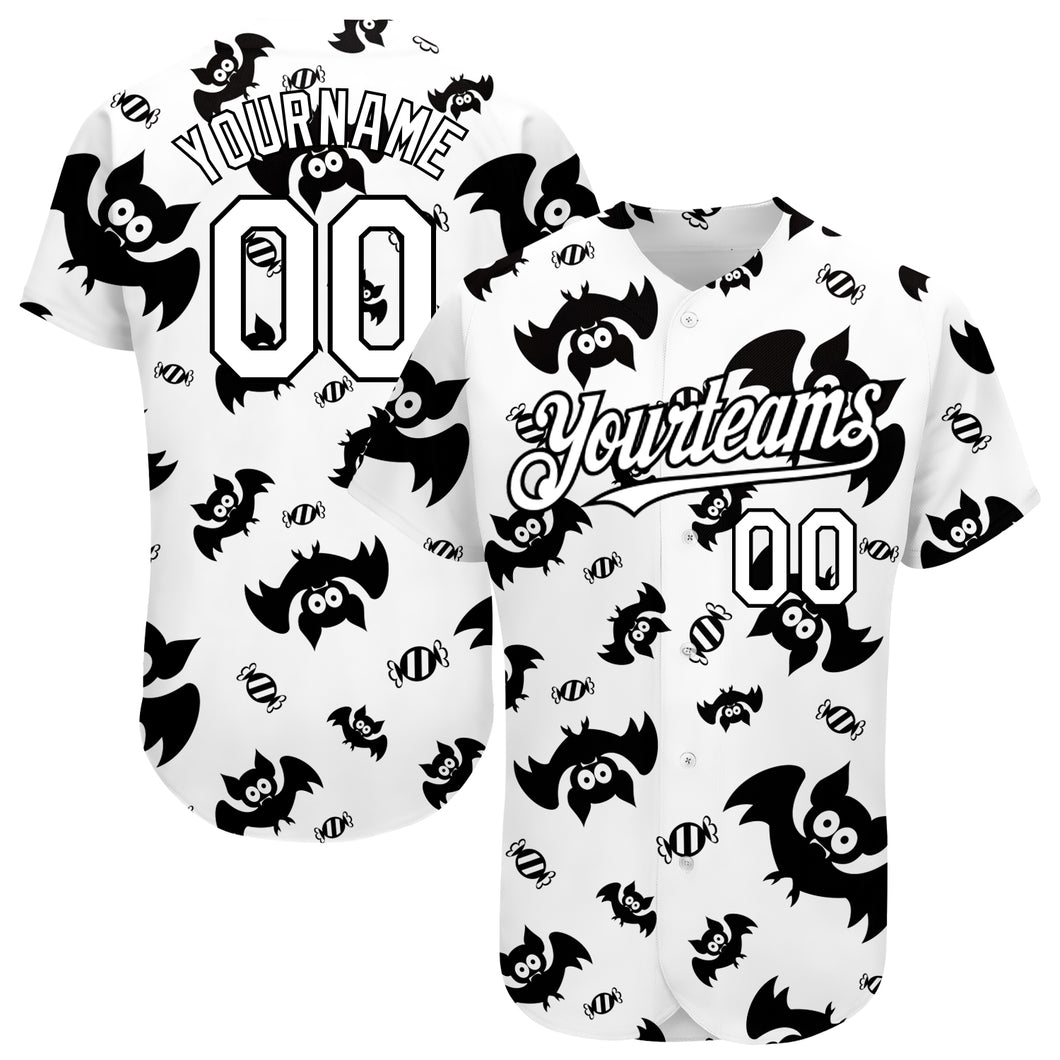 Custom Baseball Jersey Black White 3D Pattern Design Bat Authentic Men's Size:XL