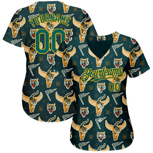 Custom Black Midnight Green-Gold 3D Pattern Design Tiger Authentic Baseball Jersey