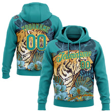 Загрузить изображение в средство просмотра галереи, Custom Stitched Teal Yellow 3D Pattern Design Tiger And Flower Sports Pullover Sweatshirt Hoodie
