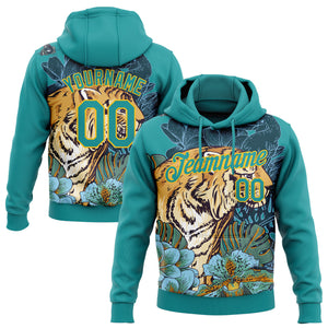 Custom Stitched Teal Yellow 3D Pattern Design Tiger And Flower Sports Pullover Sweatshirt Hoodie