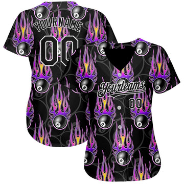 Custom Black White 3D Pattern Design Flaming Billiards Snooker 8 Ball Authentic Baseball Jersey