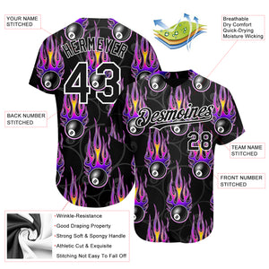 Custom Black White 3D Pattern Design Flaming Billiards Snooker 8 Ball Authentic Baseball Jersey