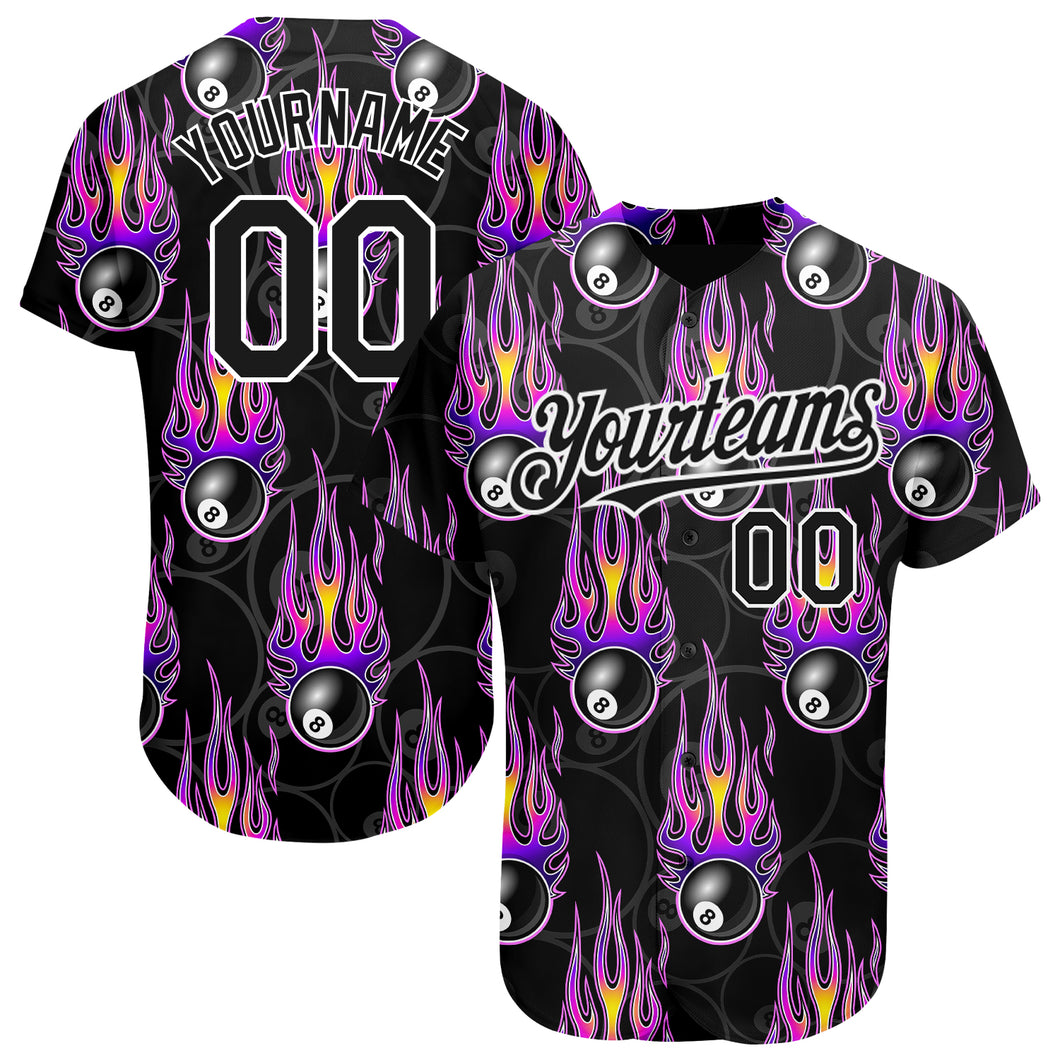 Custom Black White 3D Pattern Design Flaming Billiards Snooker 8 Ball Authentic Baseball Jersey