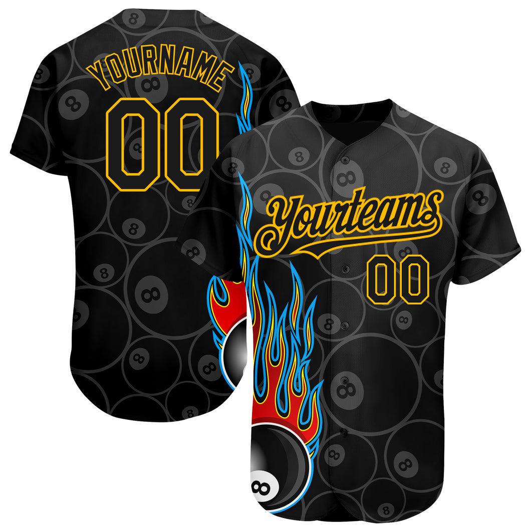 Custom Black Gold 3D Pattern Design Flaming Billiards Snooker 8 Ball Authentic Baseball Jersey