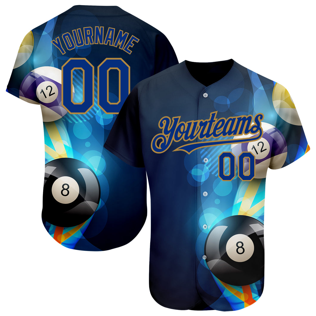 Custom Black Royal-Old Gold 3D Pattern Design Billiards Authentic Baseball Jersey