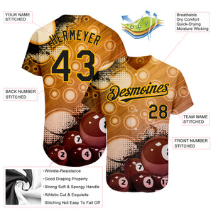 Custom Gold Black 3D Pattern Design Billiards Authentic Baseball Jersey