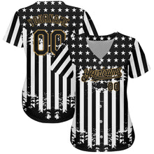 Laden Sie das Bild in den Galerie-Viewer, Custom Black Old Gold-White 3D American Flag Authentic Baseball Jersey
