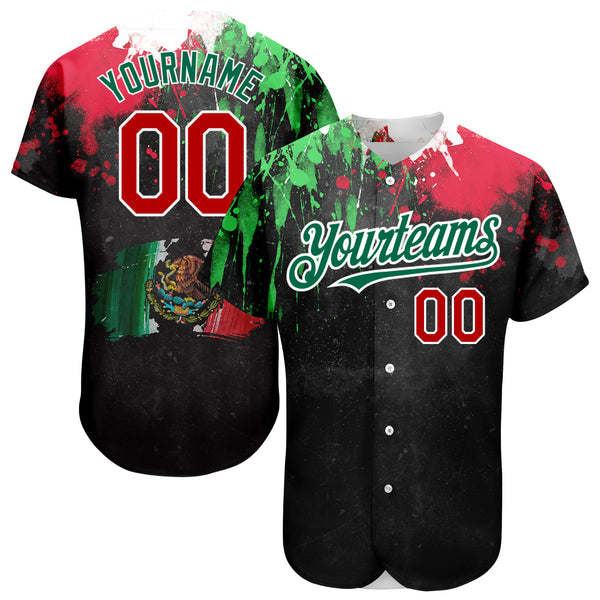 Custom Black Red Kelly Green 3D Mexico Authentic Baseball Jersey