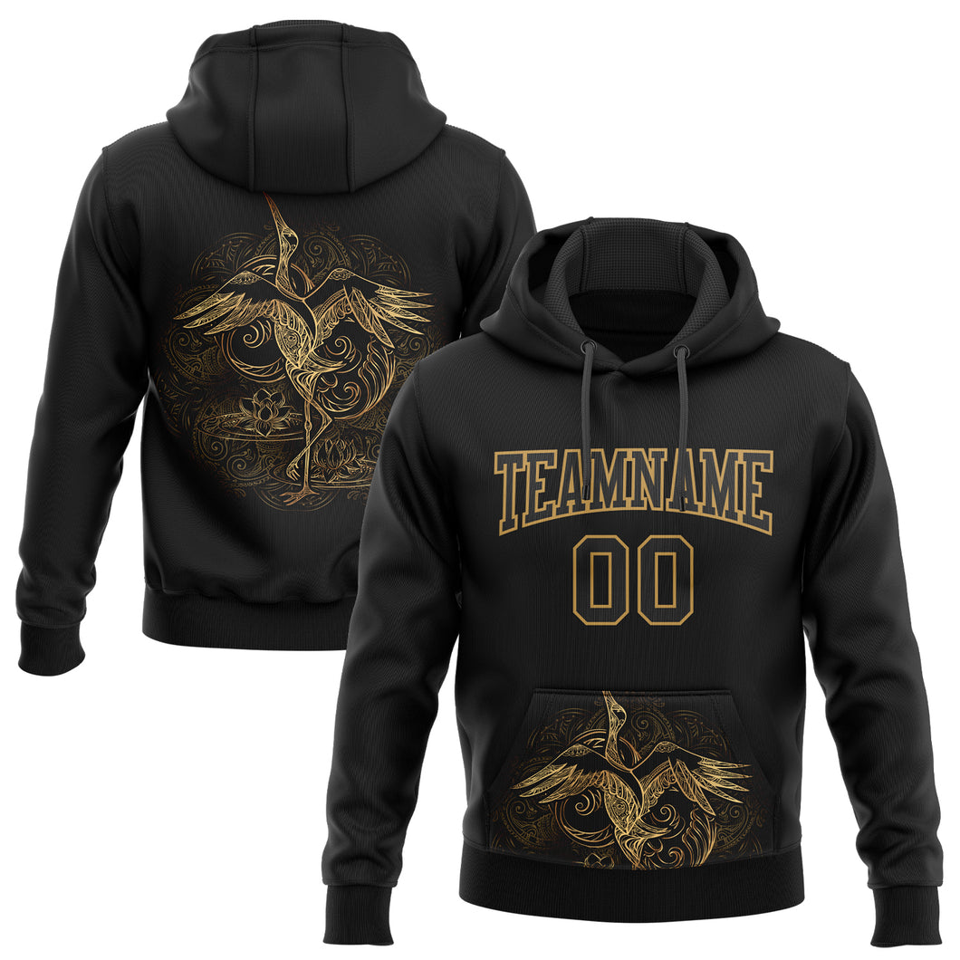 Custom Stitched Black Old Gold 3D Pattern Design Heron Sports Pullover Sweatshirt Hoodie