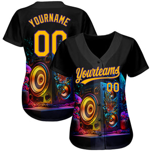 Custom Black Gold-Purple 3D Pattern Design Music Festival Vintage Speaker Music Sound System Authentic Baseball Jersey