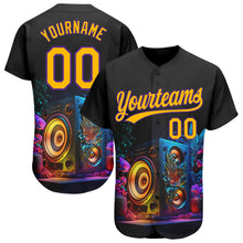 Load image into Gallery viewer, Custom Black Gold-Purple 3D Pattern Design Music Festival Vintage Speaker Music Sound System Authentic Baseball Jersey
