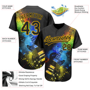 Custom Black Gold 3D Pattern Design Music Festival Guitar With Psychedelic Colors Authentic Baseball Jersey