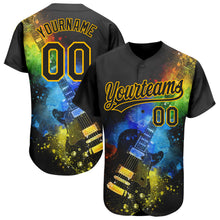 Load image into Gallery viewer, Custom Black Gold 3D Pattern Design Music Festival Guitar With Psychedelic Colors Authentic Baseball Jersey
