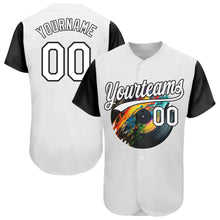 Load image into Gallery viewer, Custom White Black 3D Pattern Design Music Festival Record With Colorful Splatter Authentic Baseball Jersey
