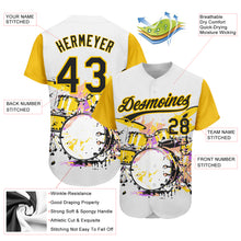 Load image into Gallery viewer, Custom White Black-Yellow 3D Pattern Design Music Festival Abstract Drum Set In Splash Authentic Baseball Jersey
