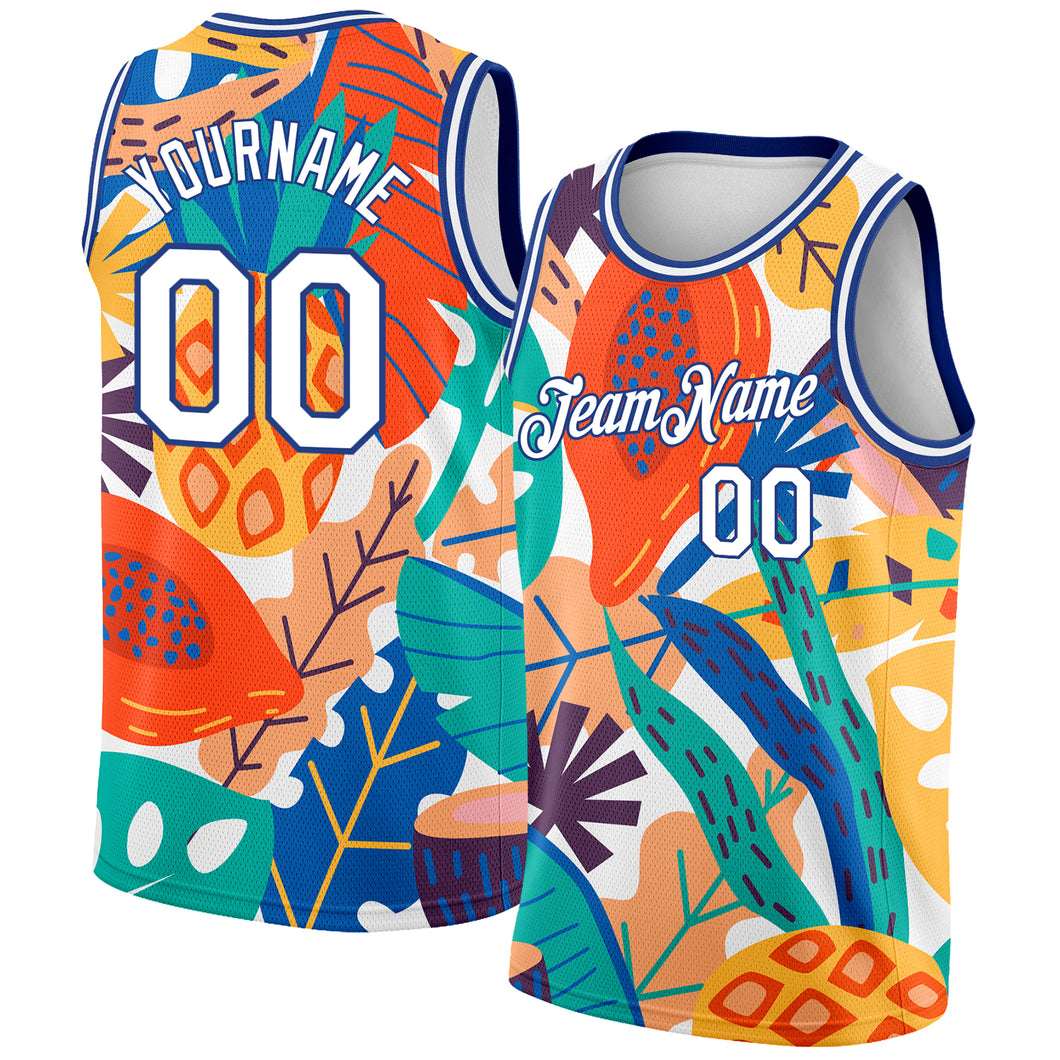 Custom White Royal 3D Pattern Abstract Tropical Hawaii Plant Authentic Basketball Jersey