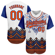 Load image into Gallery viewer, Custom White Orange-Royal 3D Pattern Design Traditional African Ethnic Style Authentic Baseball Jersey
