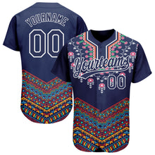 Charger l&#39;image dans la galerie, Custom Navy White 3D Pattern Design Vintage Floral African Ethnic Style Authentic Baseball Jersey
