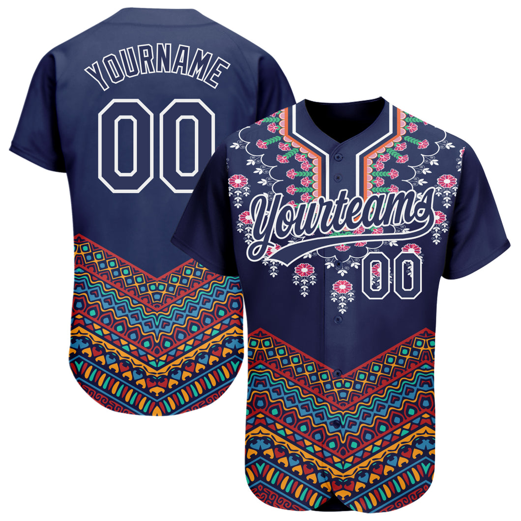 Custom Navy White 3D Pattern Design Vintage Floral African Ethnic Style Authentic Baseball Jersey