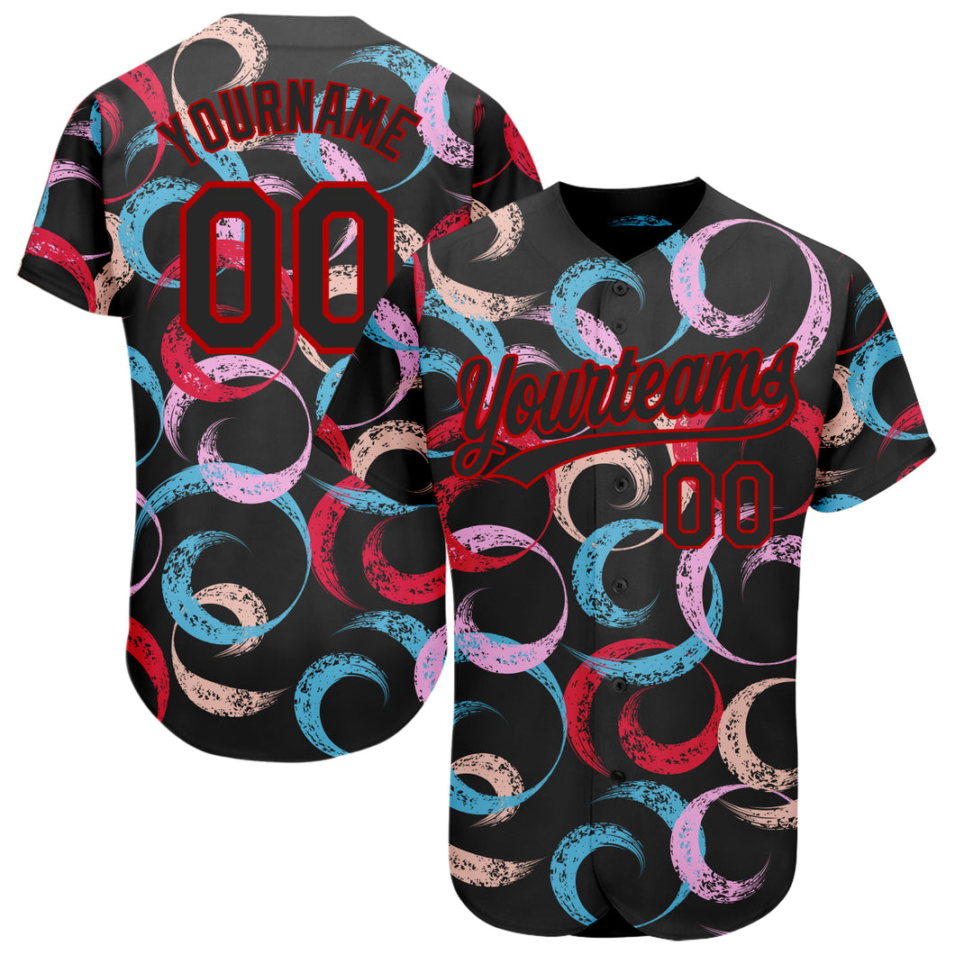 Custom Black Red 3D Pattern Design Abstract Grunge Art Authentic Baseball Jersey