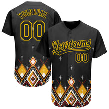 Load image into Gallery viewer, Custom Black Yellow 3D Pattern Design Geometric African Ethnic Style Authentic Baseball Jersey
