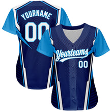 Load image into Gallery viewer, Custom Navy White-Sky Blue 3D Pattern Design Abstract Sport Authentic Baseball Jersey
