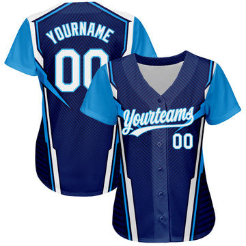 Custom Navy White-Sky Blue 3D Pattern Design Abstract Sport Authentic Baseball Jersey