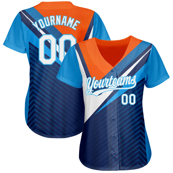 Cheap Custom Navy White Orange Sky Blue 3D Pattern Design Abstract Sport Authentic Baseball Jersey Free Shipping CustomJerseysPro