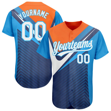 Custom Navy White Orange-Sky Blue 3D Pattern Design Abstract Sport Authentic Baseball Jersey