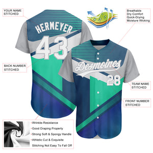 Custom Navy White Gray-Aqua 3D Pattern Design Abstract Sport Authentic Baseball Jersey