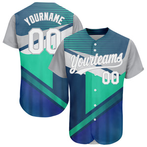 Custom Navy White Gray-Aqua 3D Pattern Design Abstract Sport Authentic Baseball Jersey