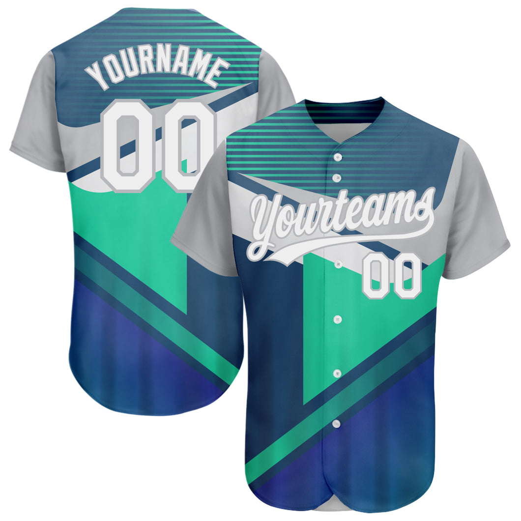 Custom Navy White Gray-Aqua 3D Pattern Design Abstract Sport Authentic Baseball Jersey